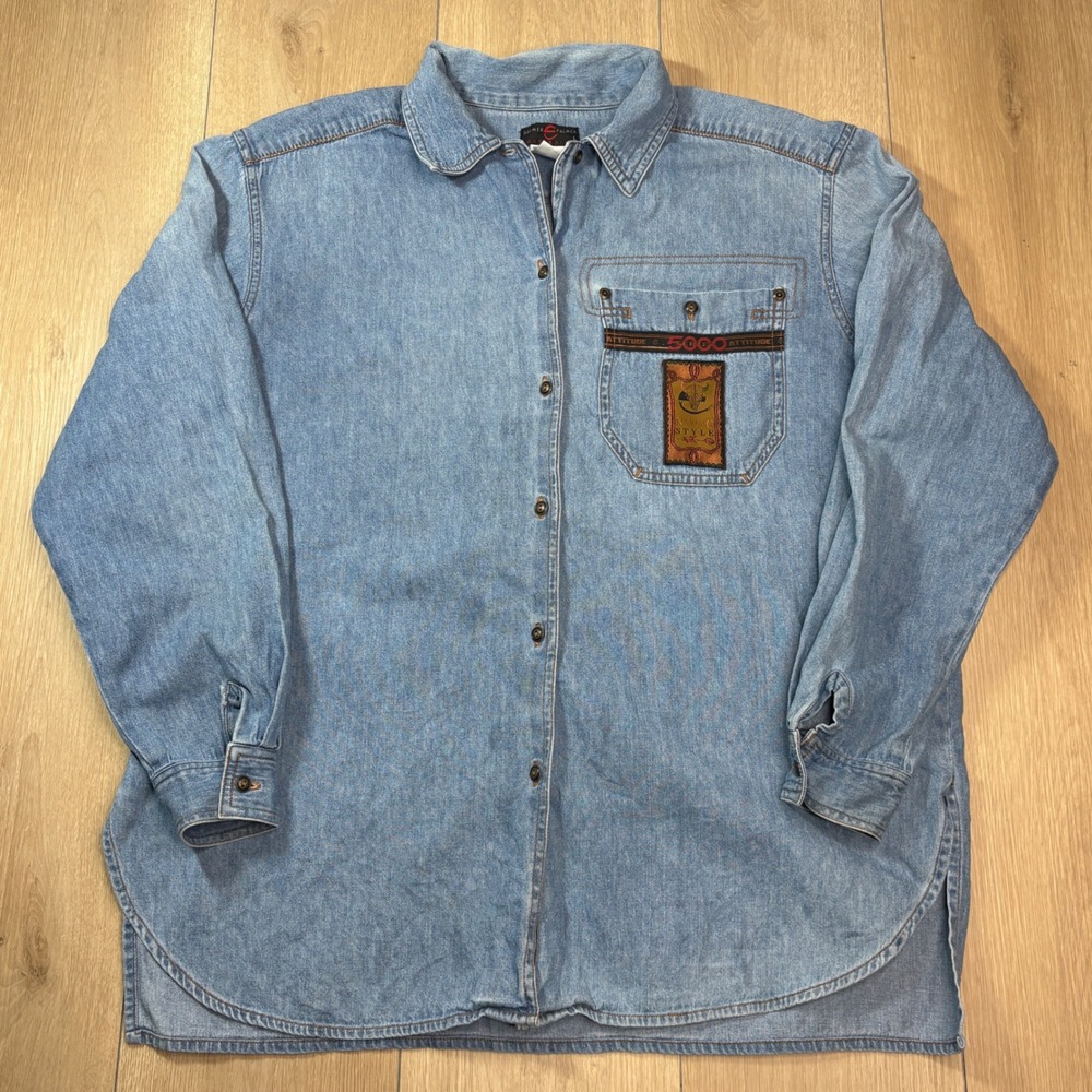 Palmer E Palmer Australia Denim Shirt Navajo Style Bull Skull Patch Blue Large